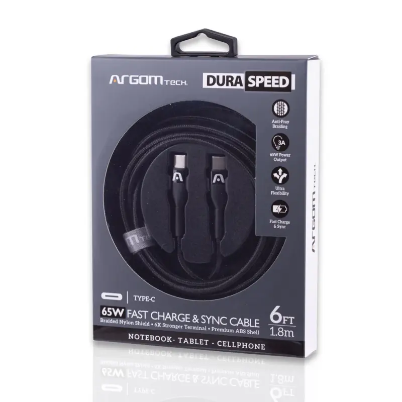 CABLE TRENZADO DE NAILON DURA SPEED DE 65W TIPO C EN AMBOS LADOS DE 1.8M NEGRO ARGCB0047